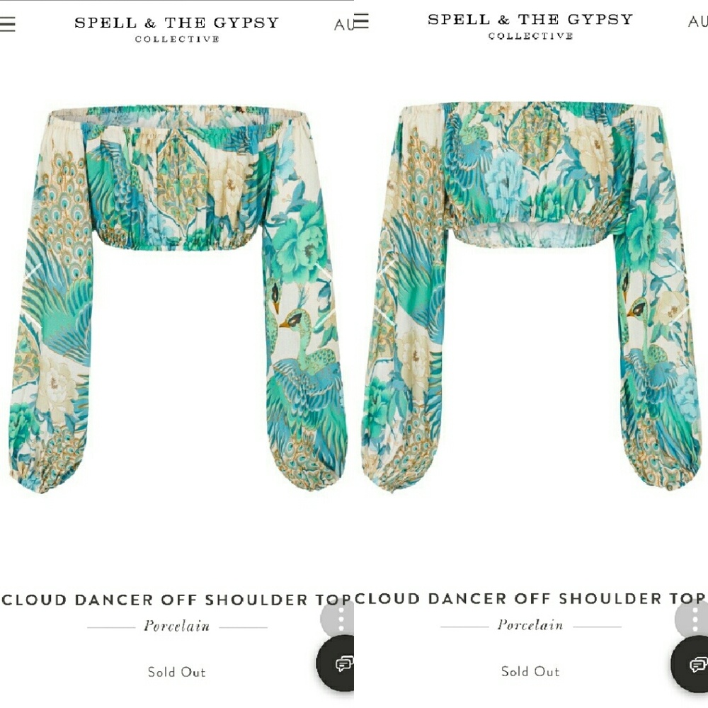New spell designs cloud dancer off shoulder top S Small crop top peacock blue - Picture 4 of 8